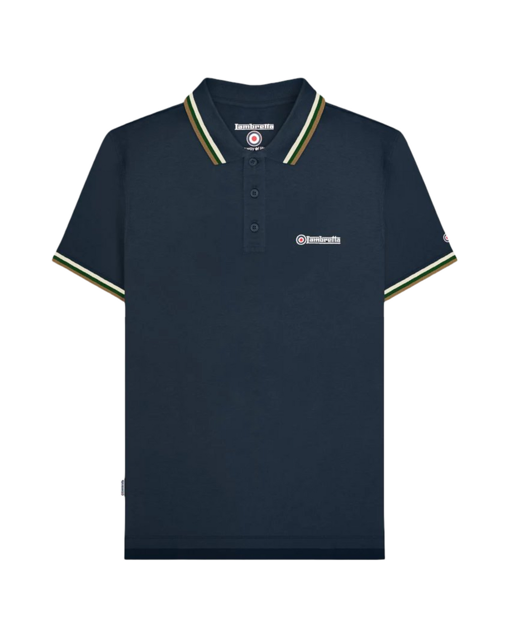 Navy blue polo shirt with brand logo on a white background