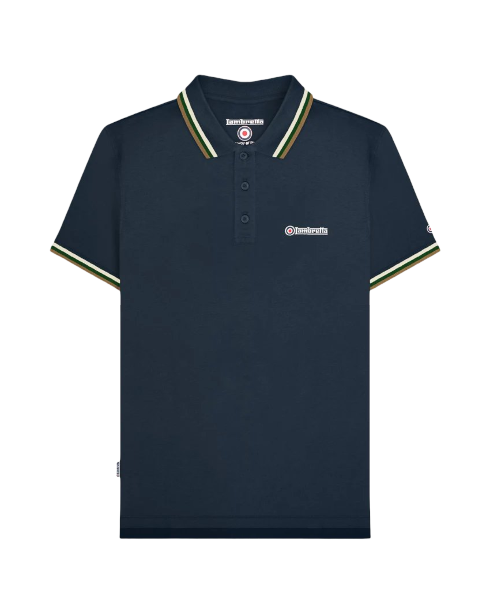 Navy blue polo shirt with brand logo on a white background