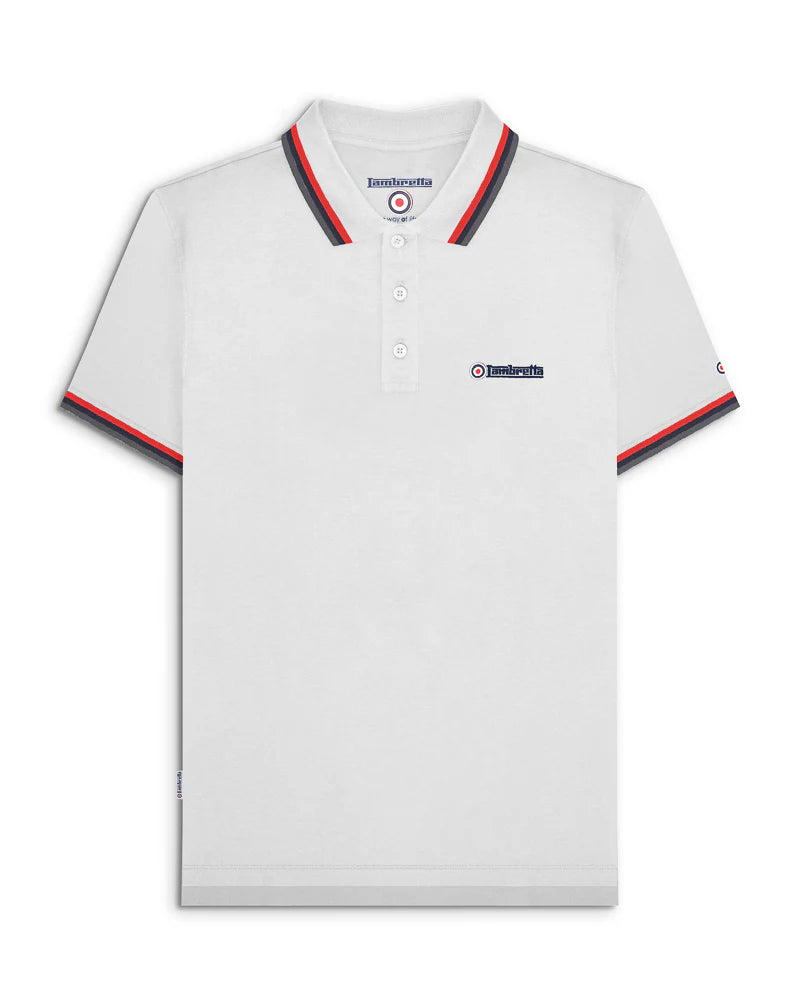 Lambretta White polo shirt with red and blue trim on a white background
