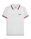 Lambretta White polo shirt with red and blue trim on a white background