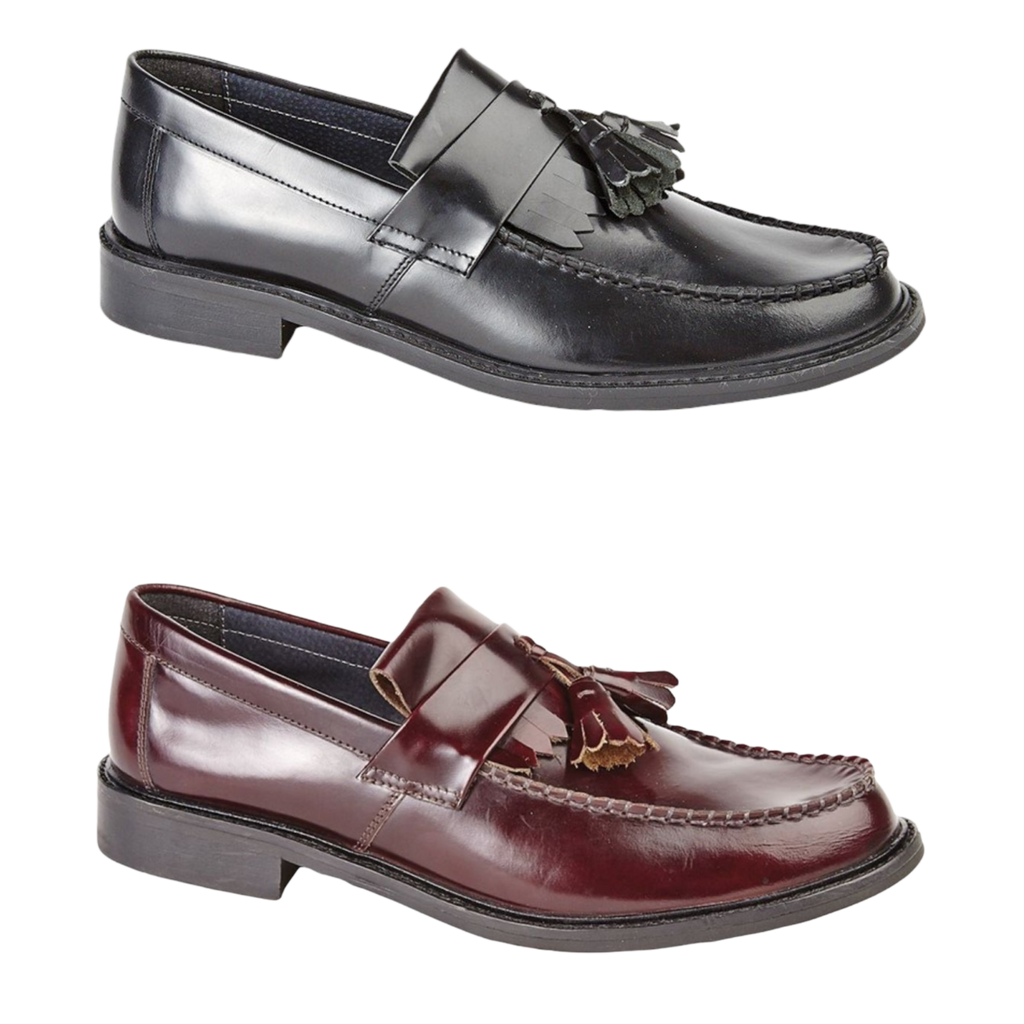 black and wine loafers with tassels on a white background