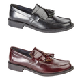 black and wine loafers with tassels on a white background