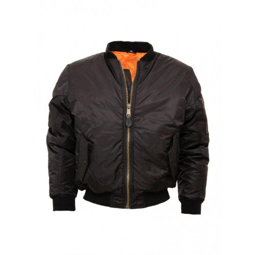 Black bomber jacket with orange lining on a white background
