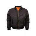 Black bomber jacket with orange lining on a white background