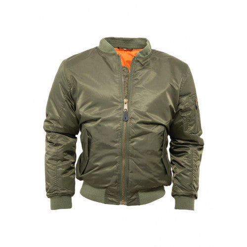 Green bomber jacket with orange lining on a white background