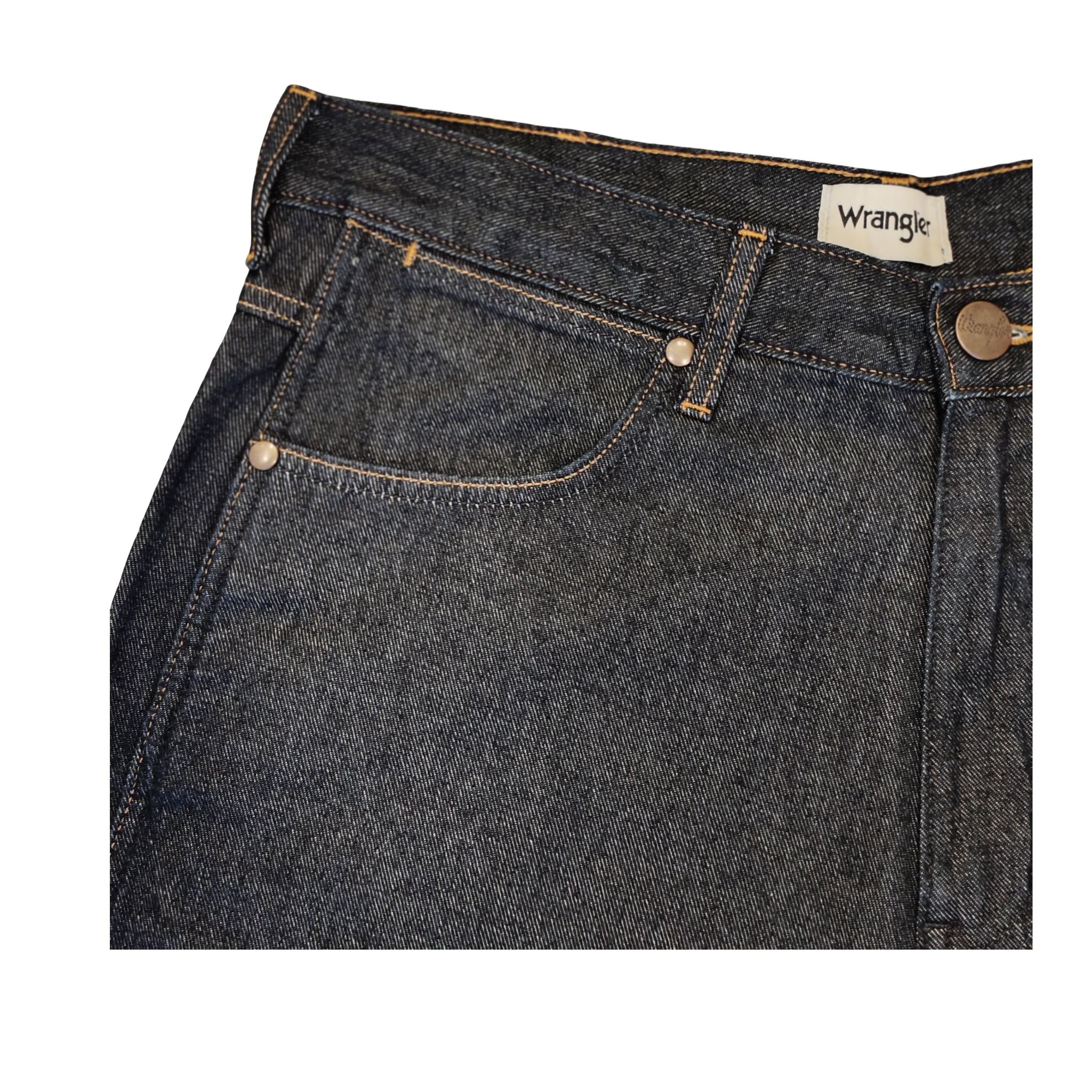 Close-up of a pair of Wrangler jeans on a white background