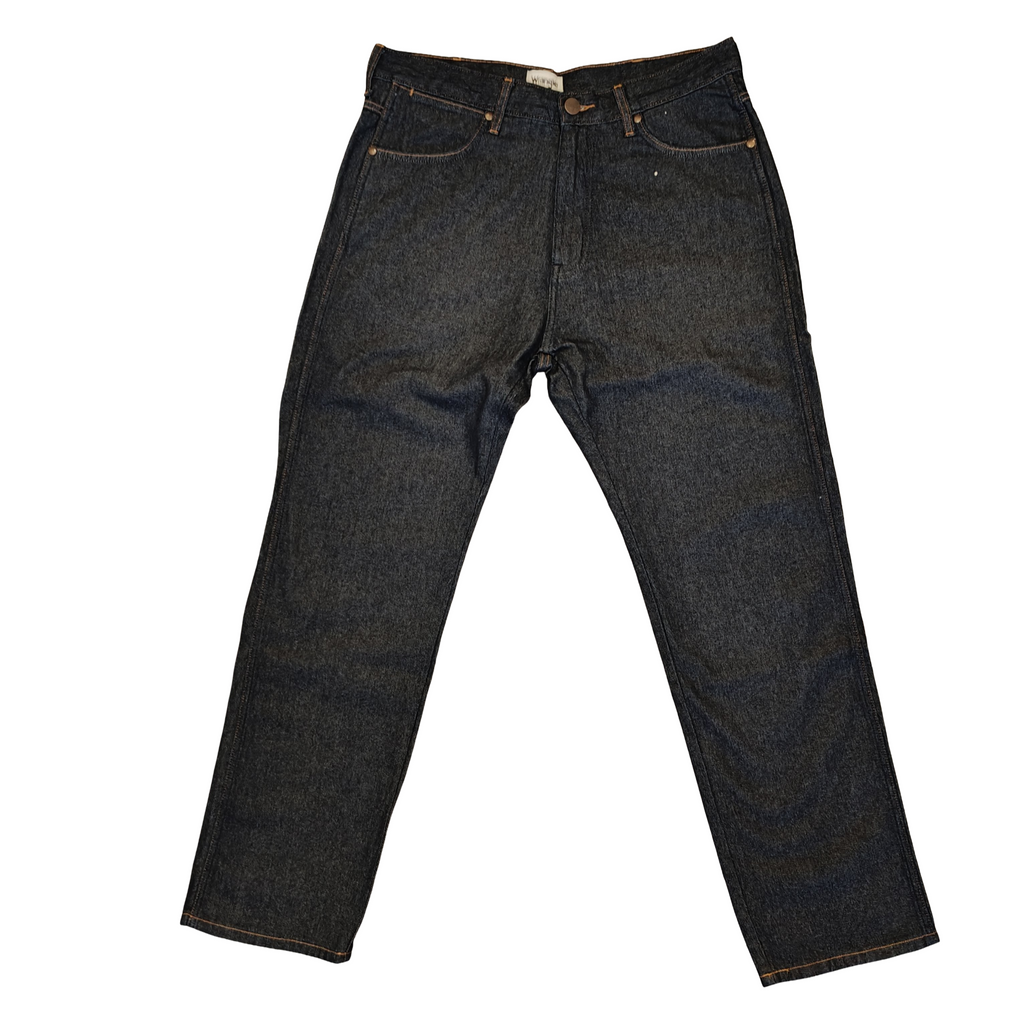 Pair of dark blue jeans on a white background
