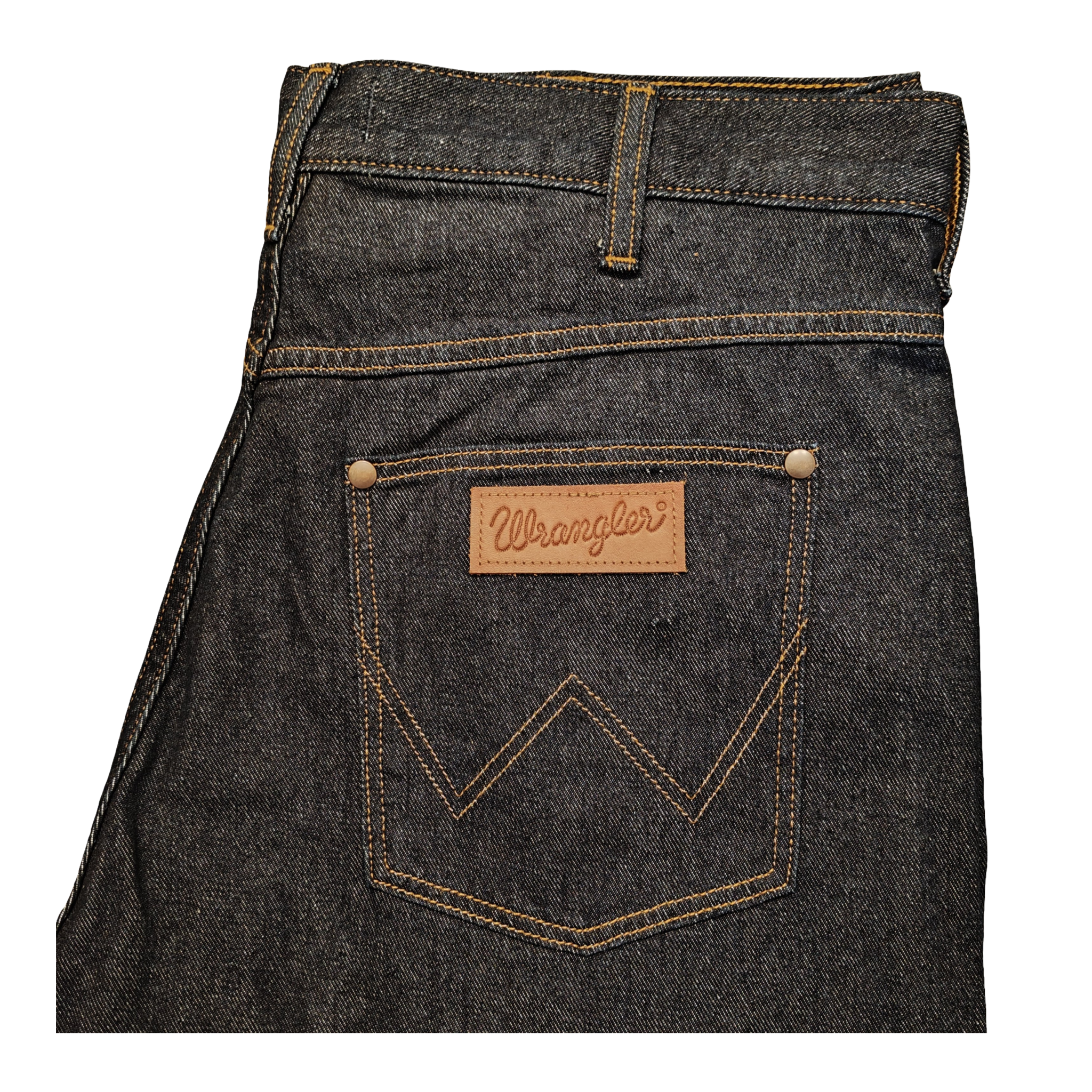 Folded pair of Wrangler jeans with a visible brand logo on a white background
