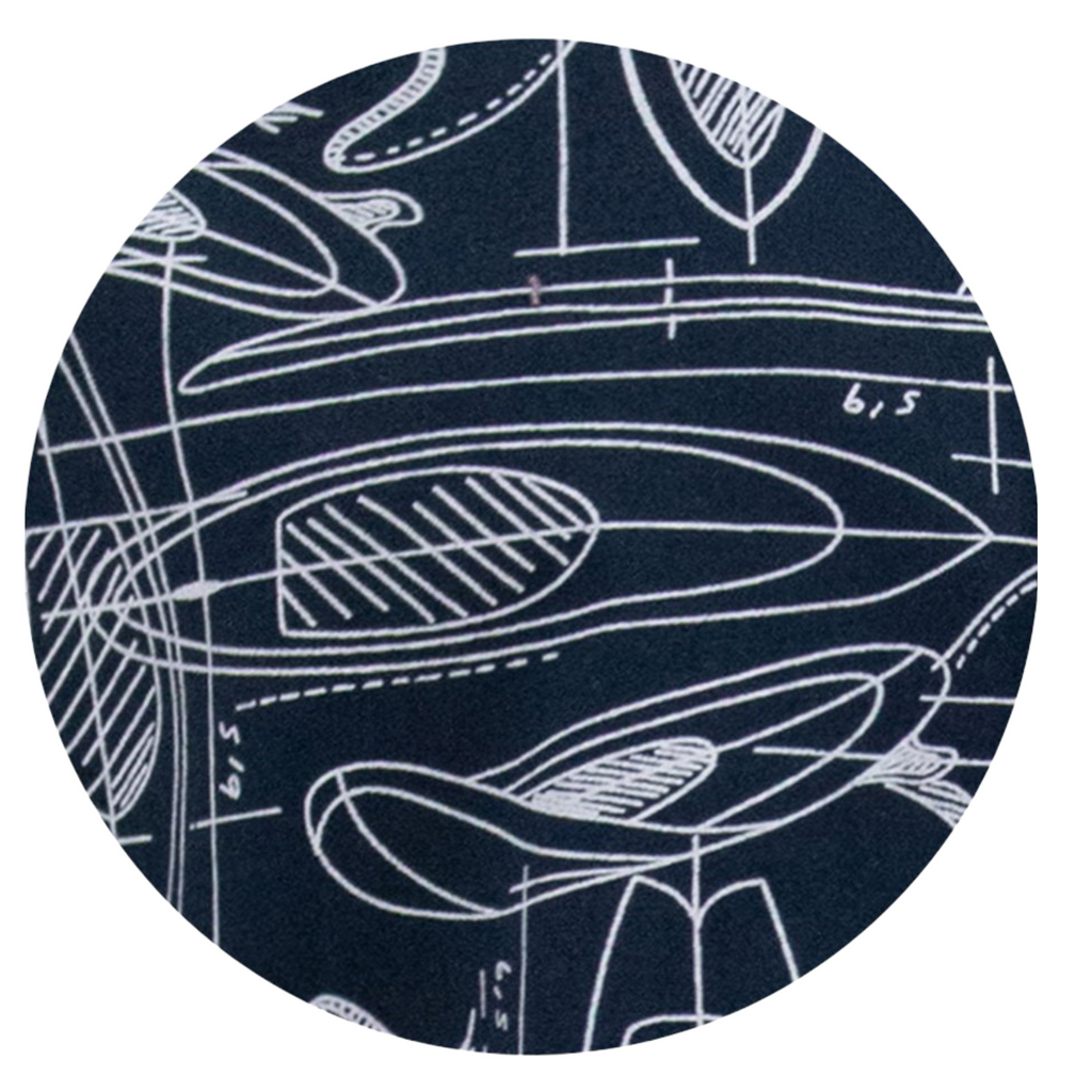 Circular fabric swatch with white line art on a dark blue background