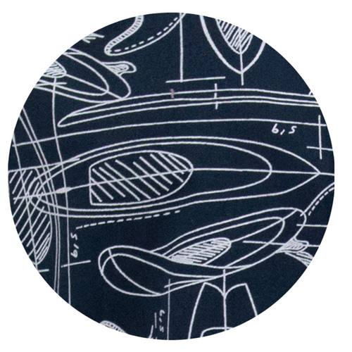 Circular fabric swatch with white line art on a dark blue background