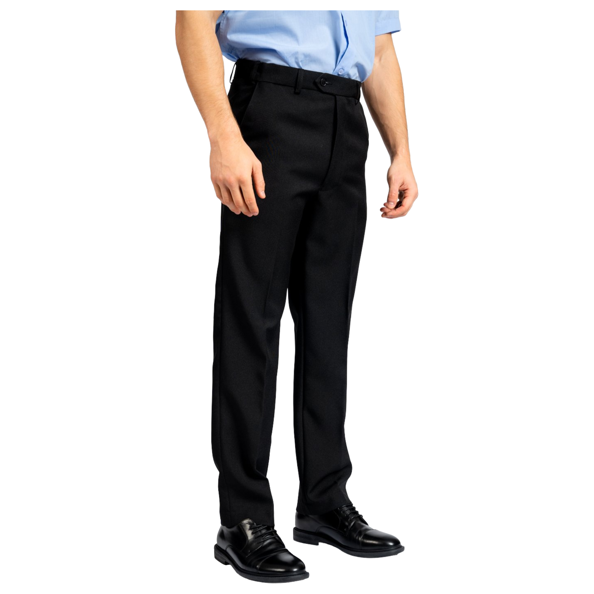 Person wearing black dress pants with a light blue shirt on a white background
