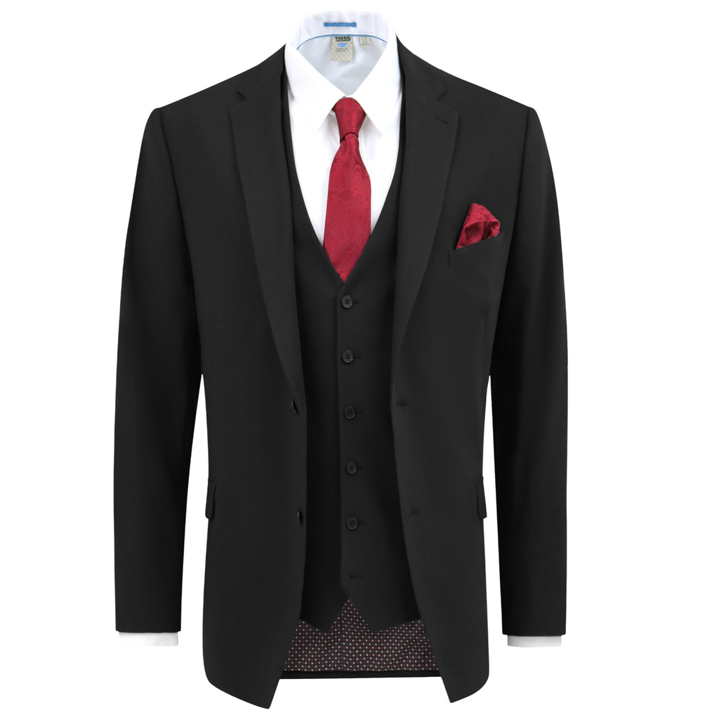 Black suit with red tie and pocket square on a white background