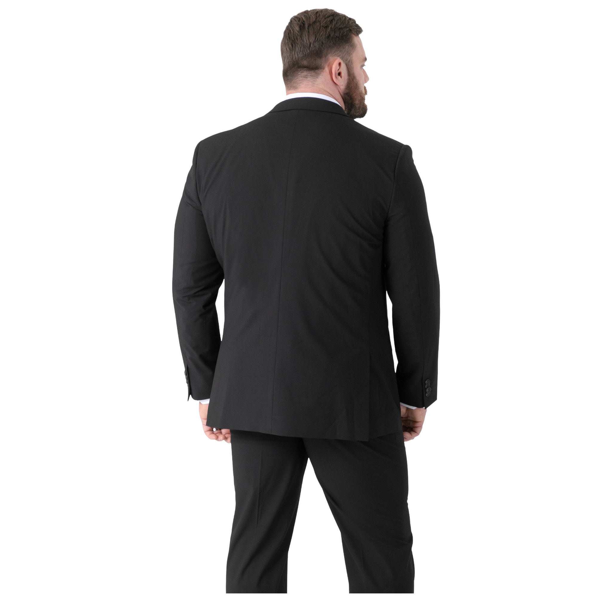 Man wearing a black suit on a white background