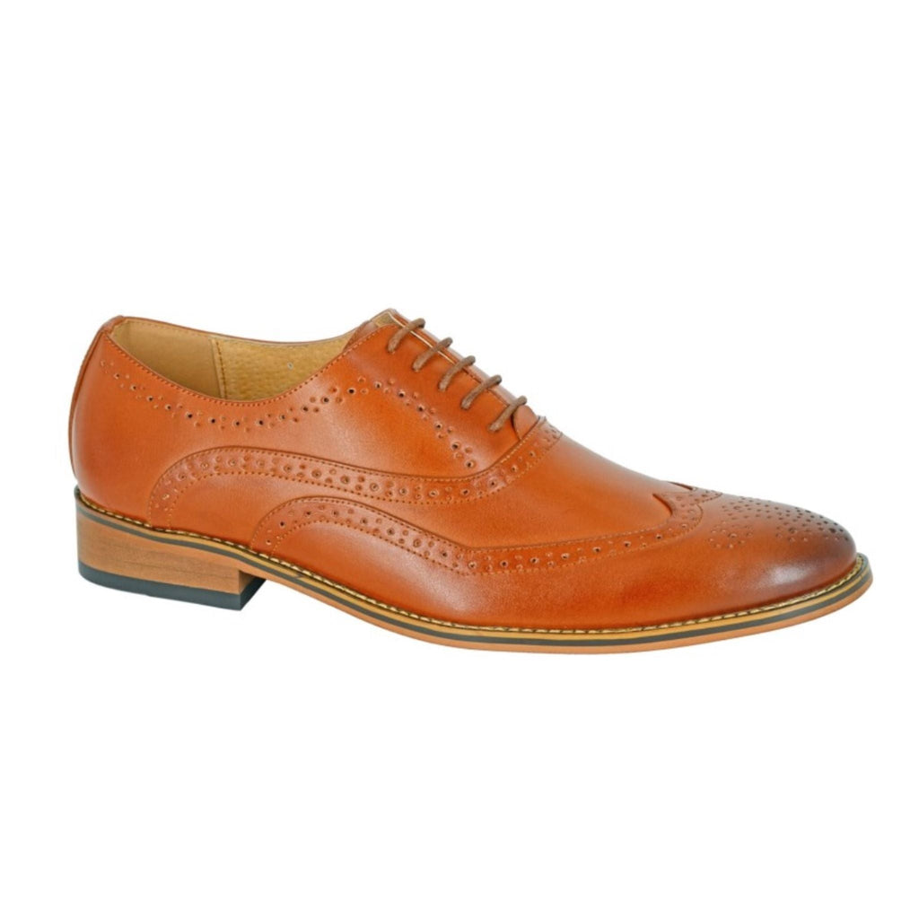 Brown leather dress shoe on a white background