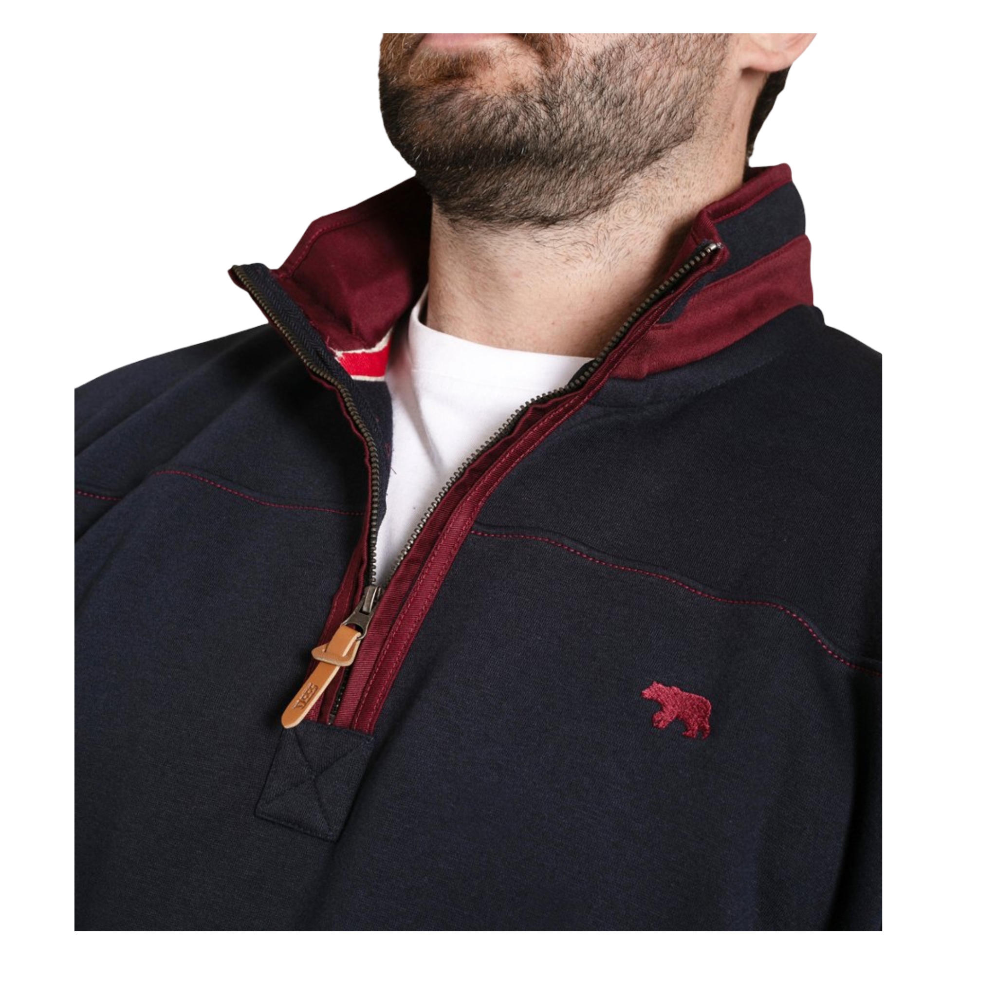 Navy fleece pullover with red collar and bear logo on a white background
