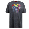Gray t-shirt with colorful skull design on a white background
