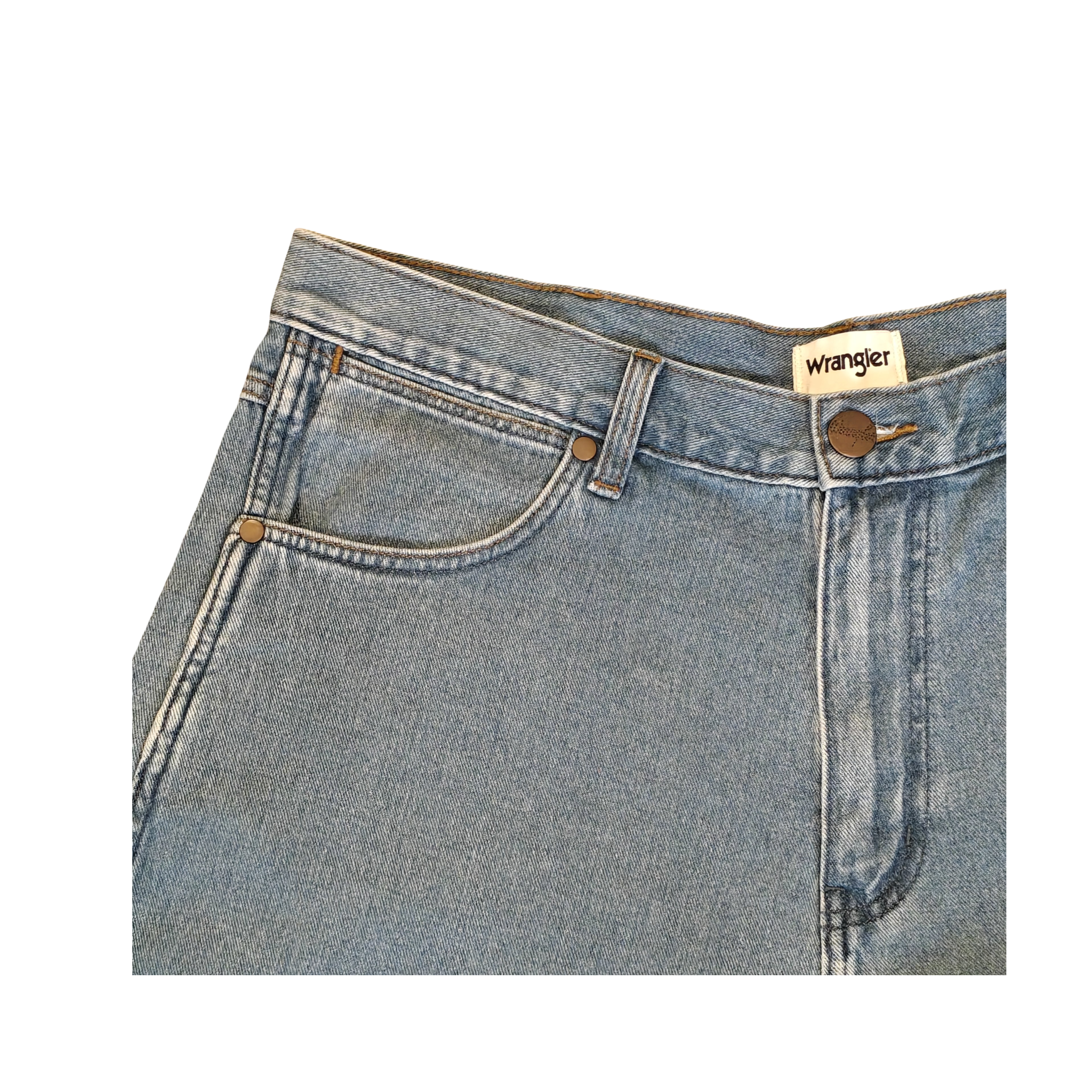 Close-up of a Wrangler denim skirt on a white background