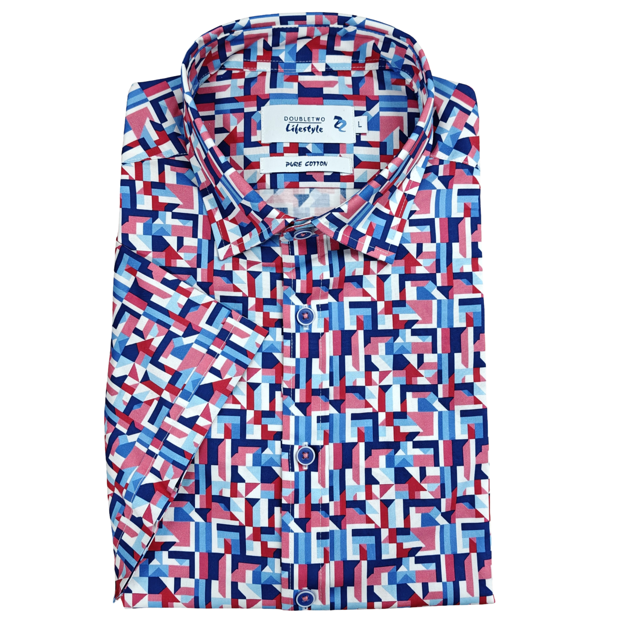 Folded geometric patterned shirt with visible brand label on a white background