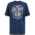 Blue t-shirt with white text on a white background