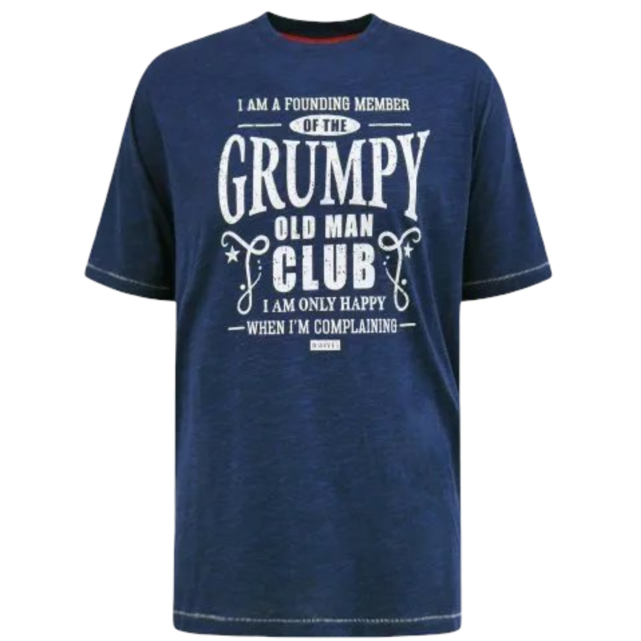 Blue t-shirt with white text on a white background
