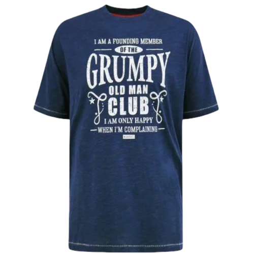 Blue t-shirt with white text on a white background