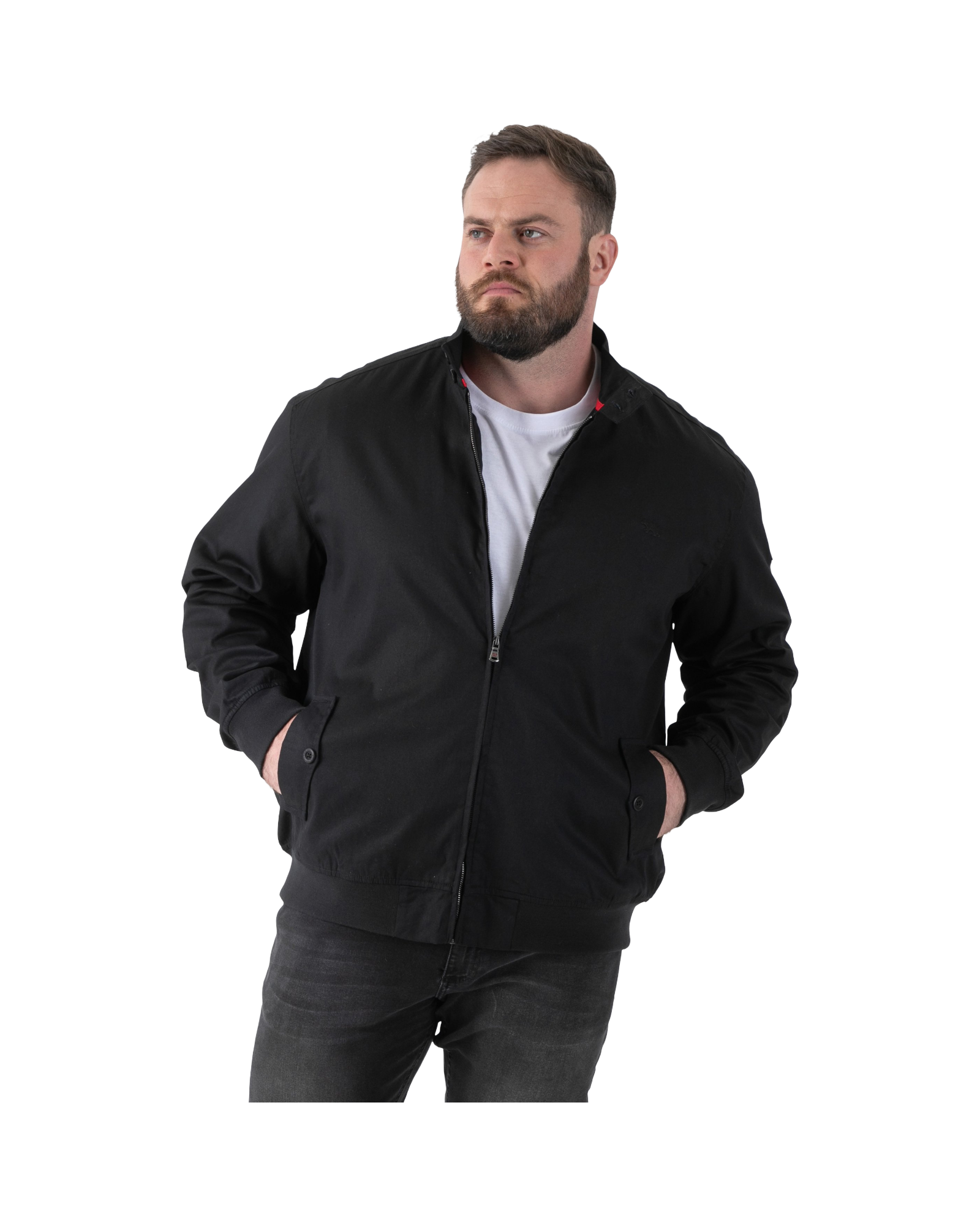 Man wearing a black jacket on a white background