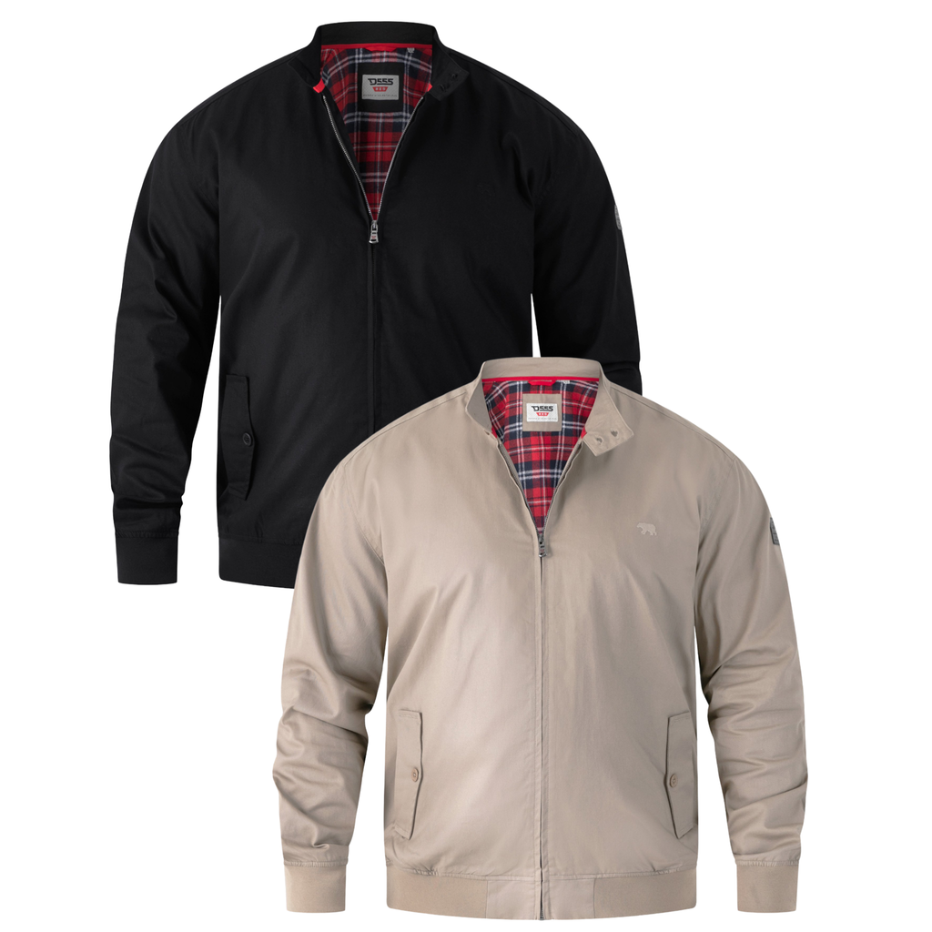 Two jackets, one black and one beige, with plaid lining on a white background.
