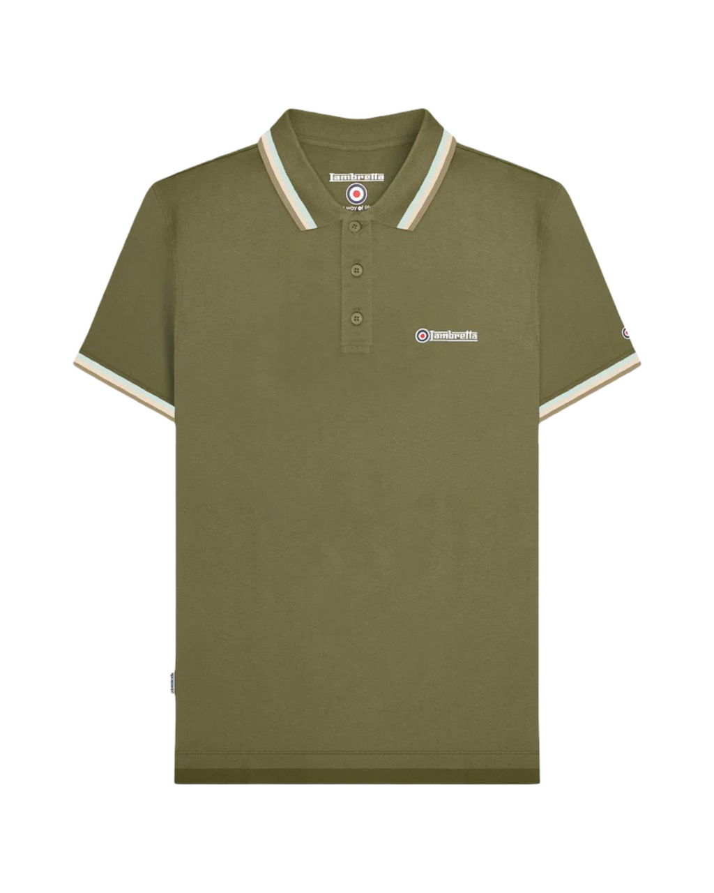Green polo shirt with white trim on a white background