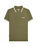 Green polo shirt with white trim on a white background
