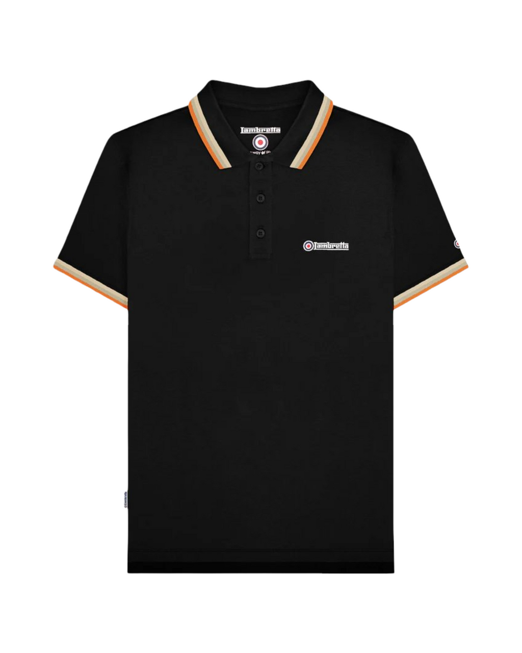 Black polo shirt with orange trim on a white background