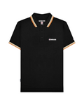 Black polo shirt with orange trim on a white background