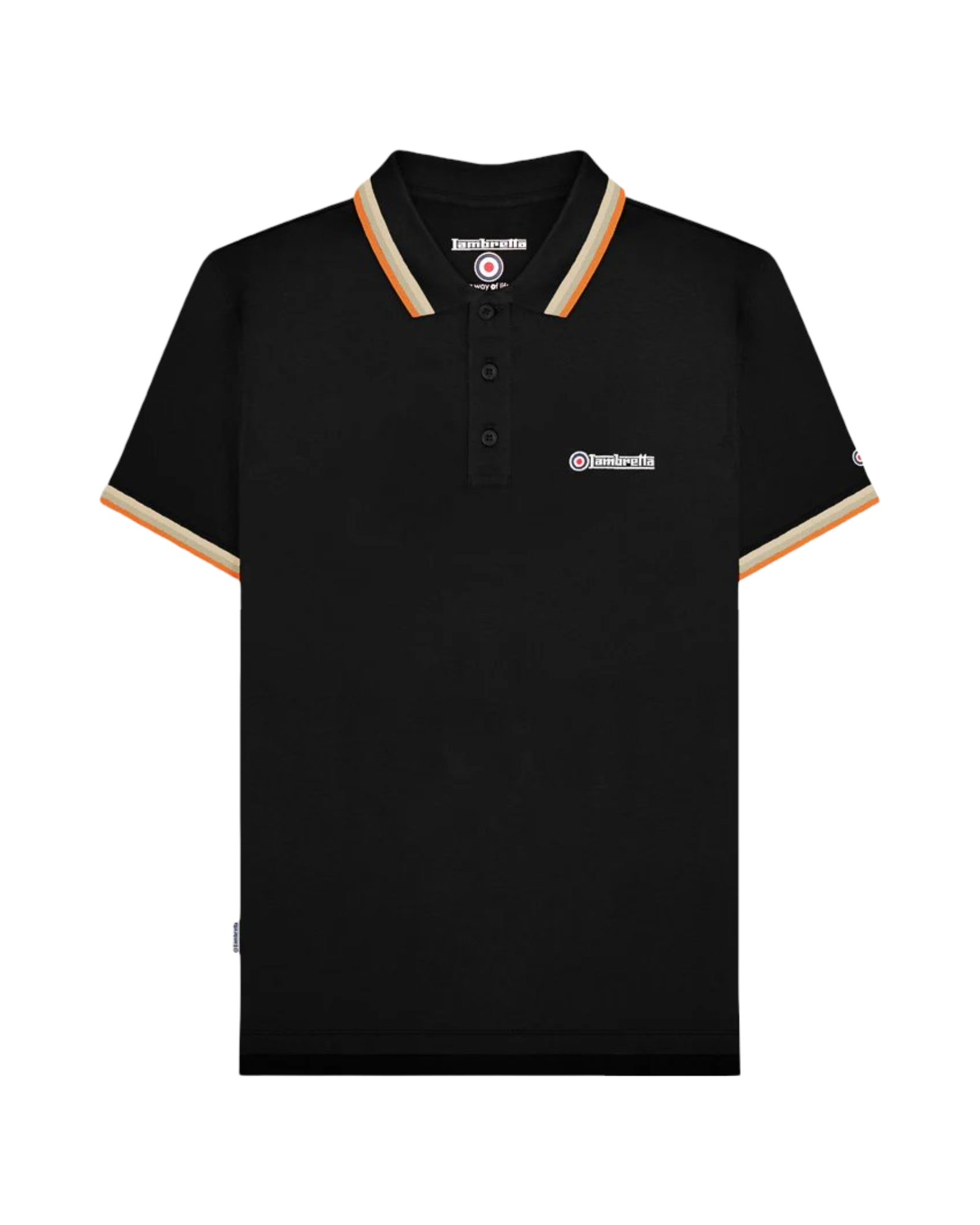 Black polo shirt with orange trim on a white background