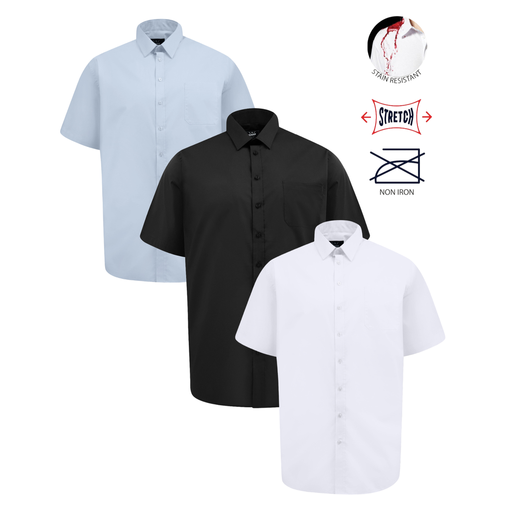 Three short-sleeve shirts in light blue, black, and white on a white background with brand logos.