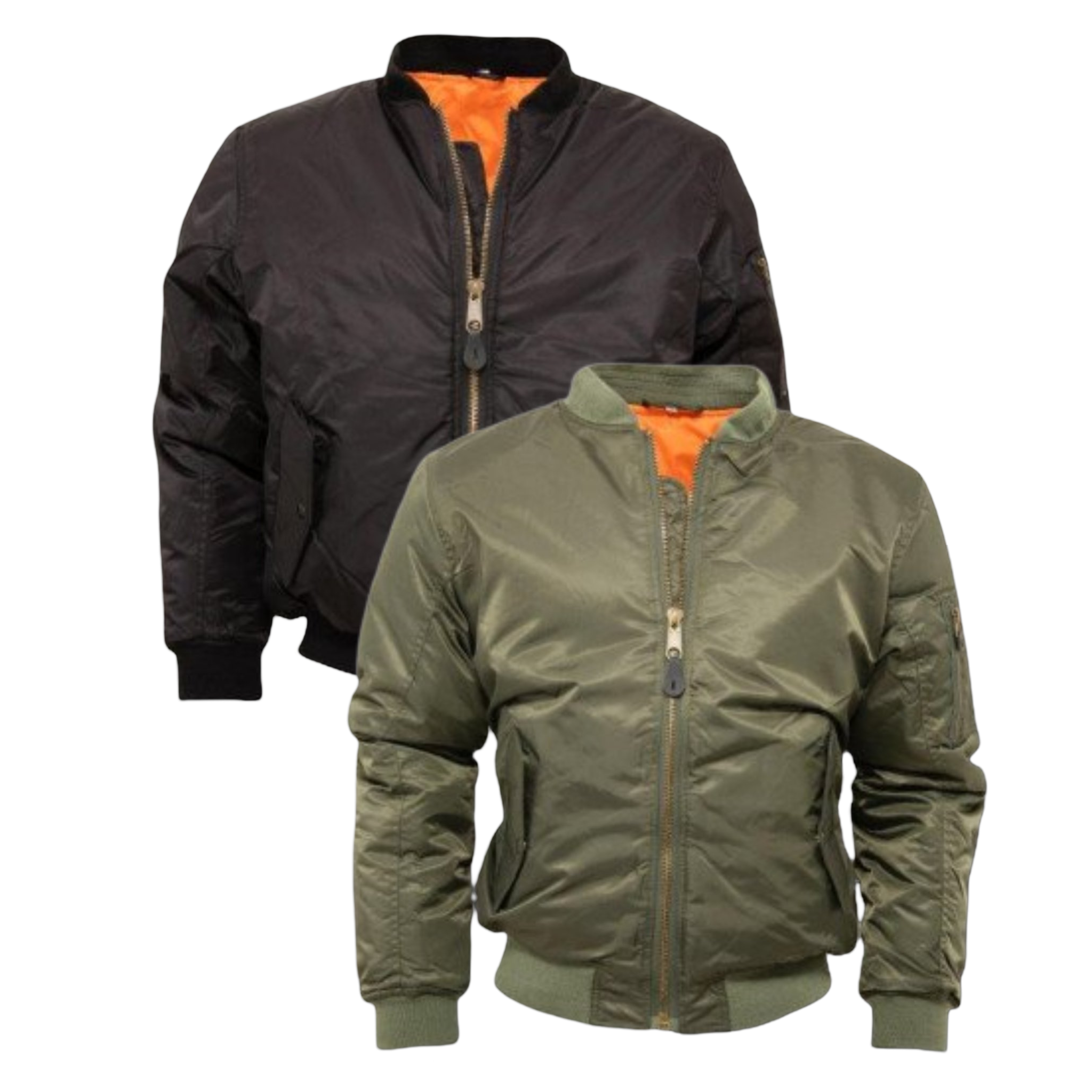 two MA1 flight jackets, one black, one olive both with orange lining on a white background
