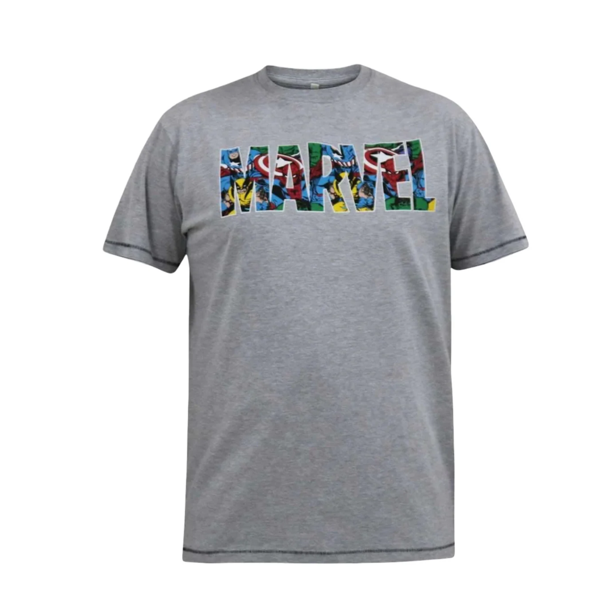 Gray t-shirt with colorful Marvel logo on a white background