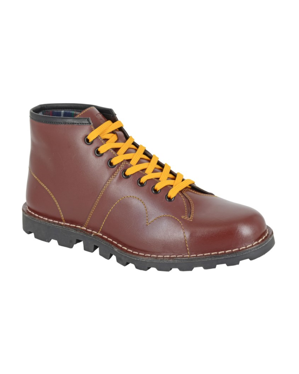 Brown leather boot with yellow laces on a white background