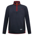 Navy pullover with red accents on a white background