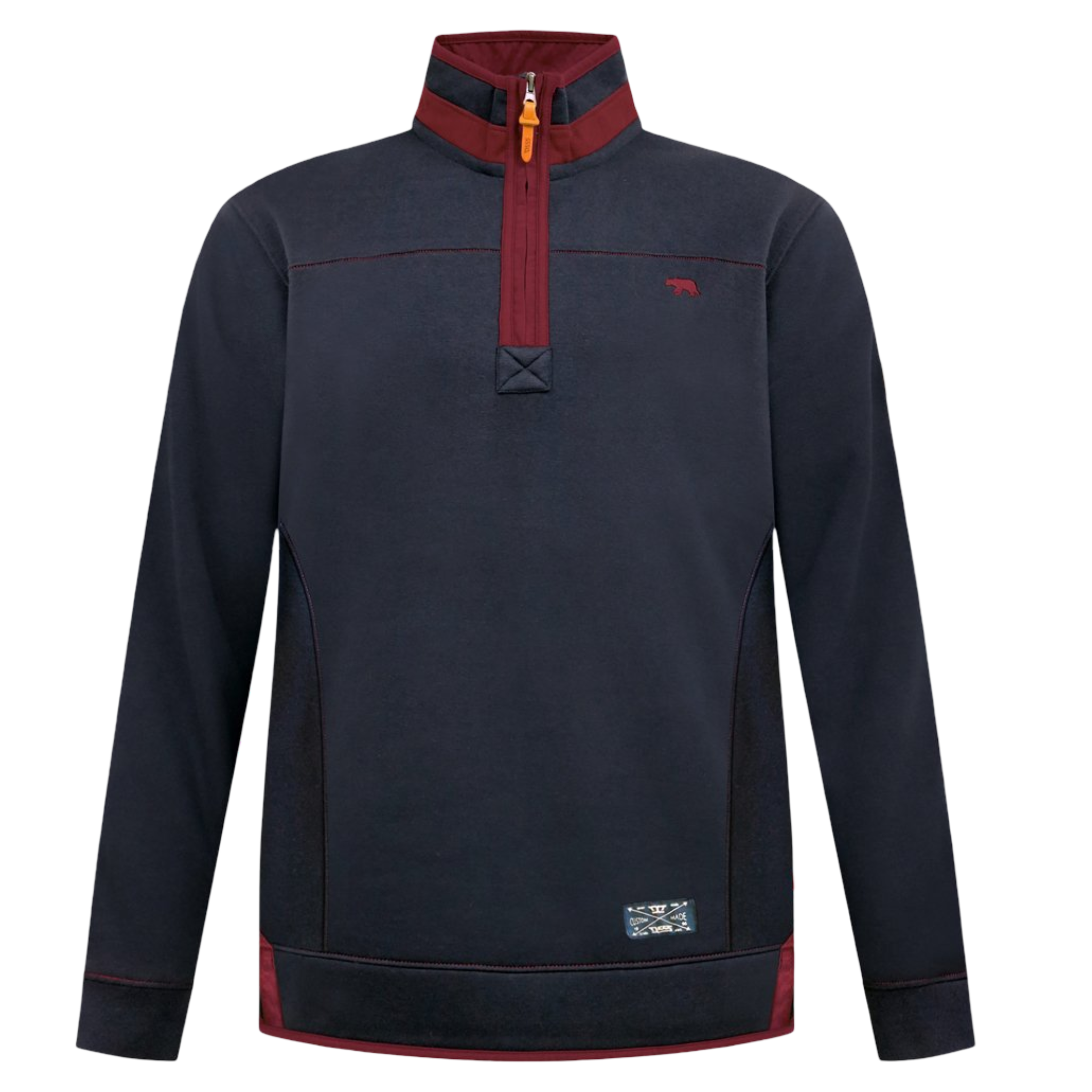 Navy pullover with red accents on a white background