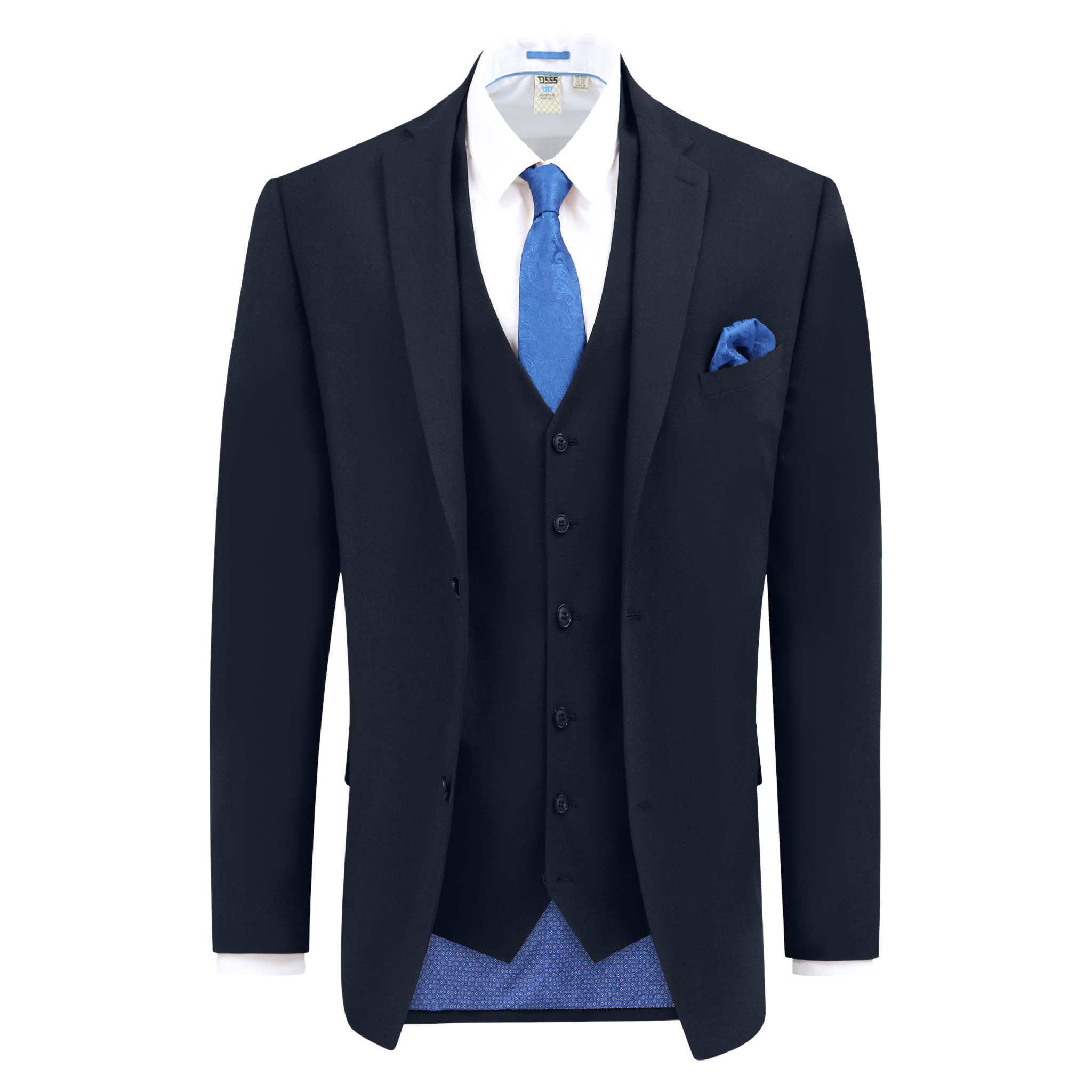 Navy suit with blue tie and pocket square on a white background