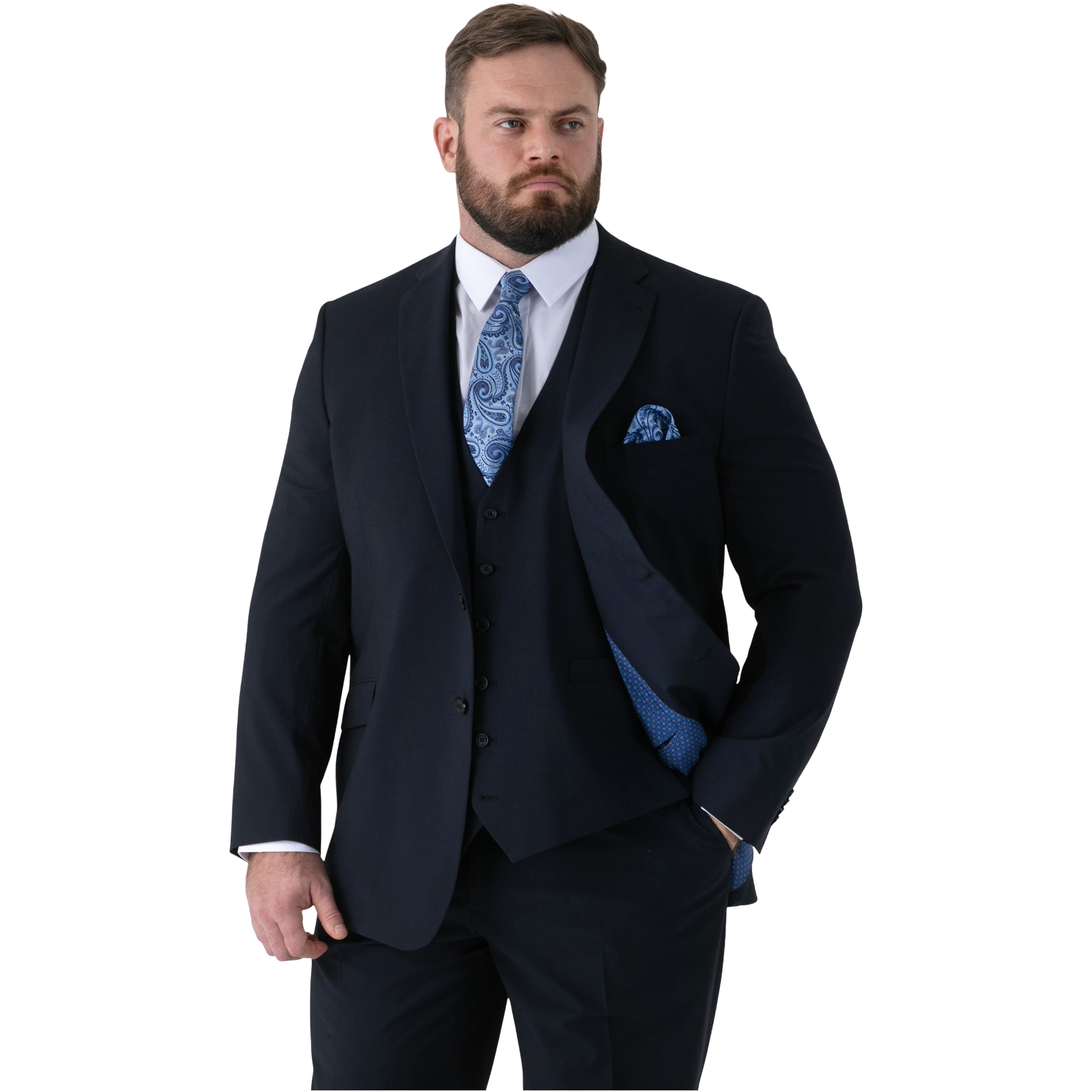 Man wearing a navy three-piece suit with blue patterned tie and pocket square on a white background