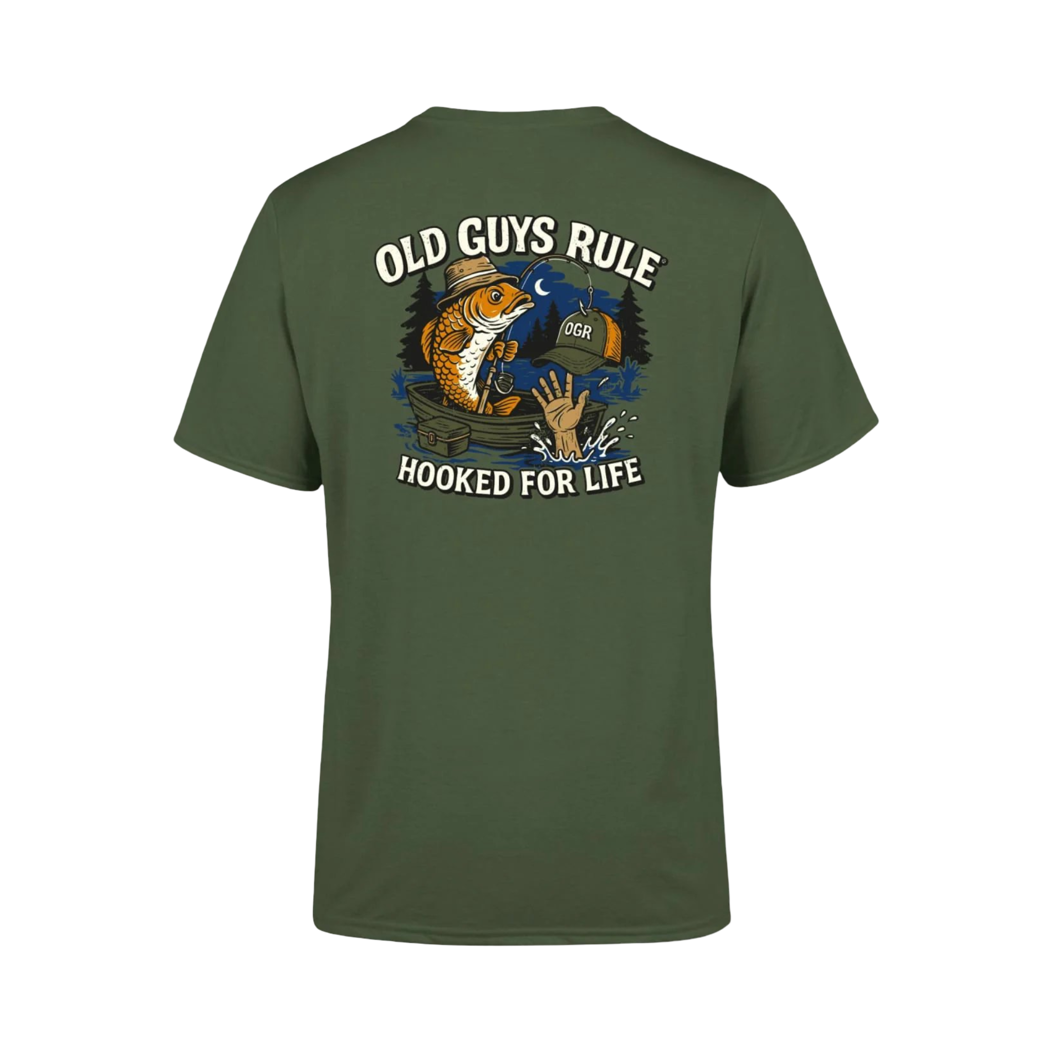 Green t-shirt with funny fishing graphic design on rear
