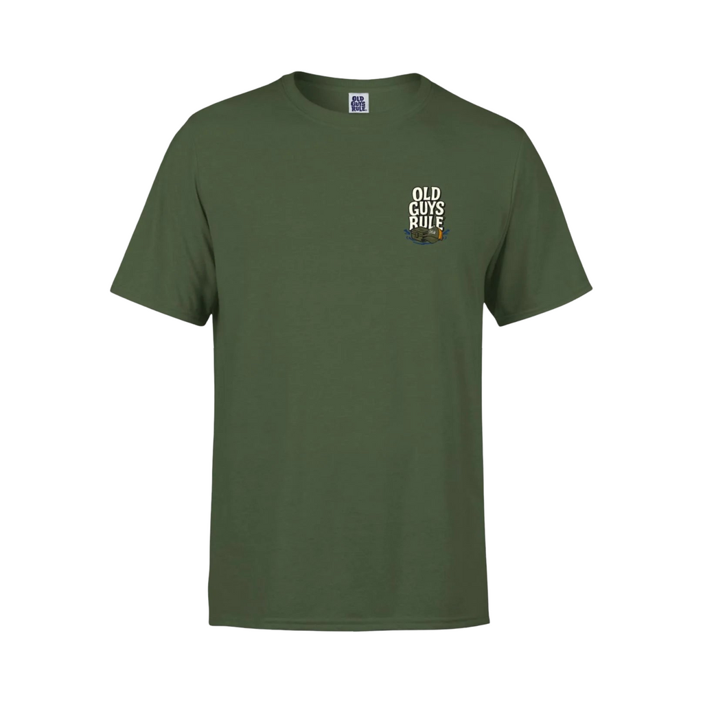 Green t-shirt with 'Old Guys Rule' logo on a white background
