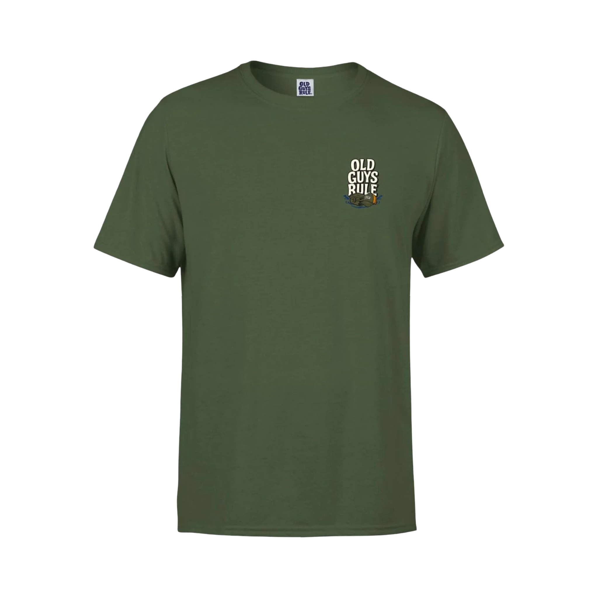 Green t-shirt with 'Old Guys Rule' logo on a white background
