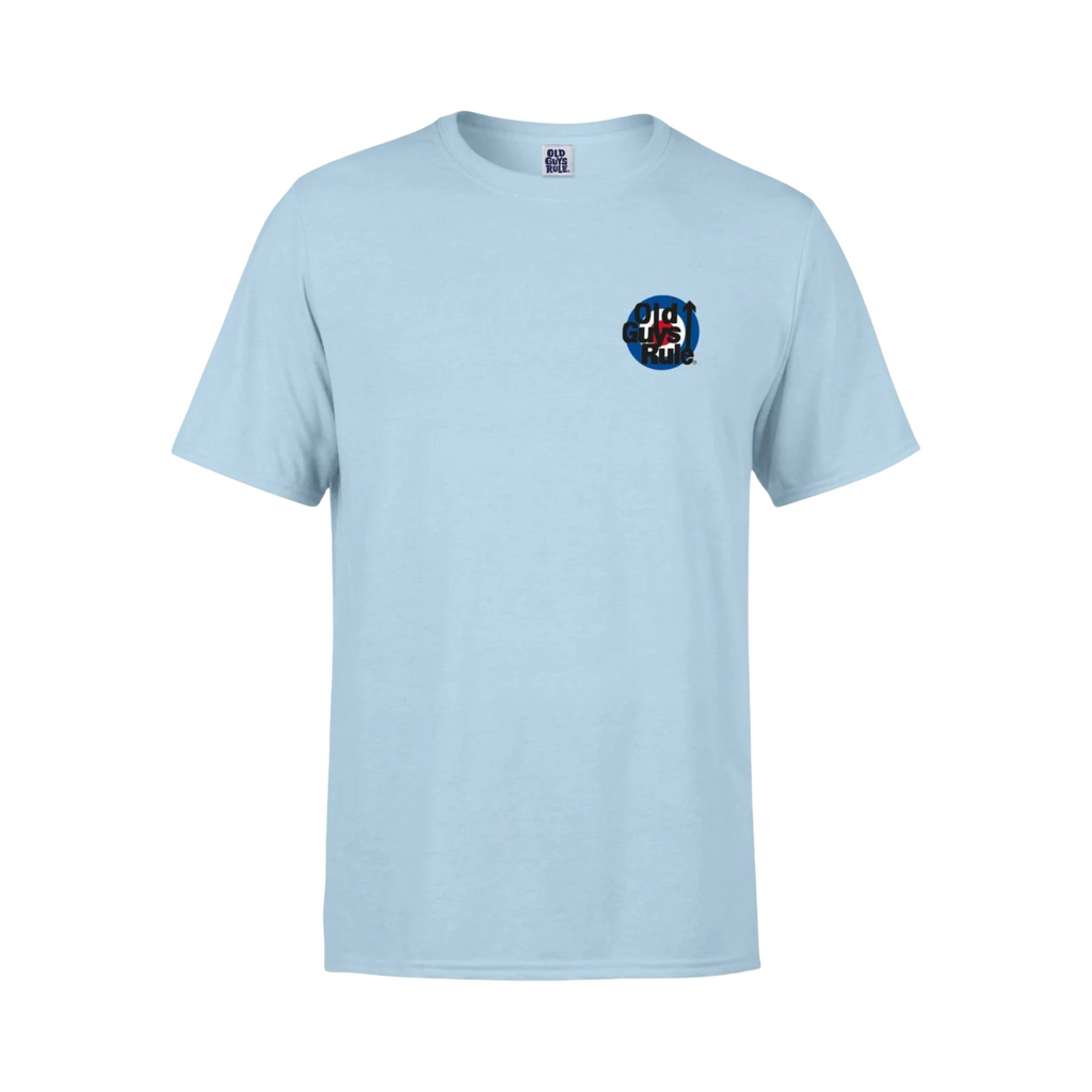 Light blue t-shirt with a small logo on the chest against a white background