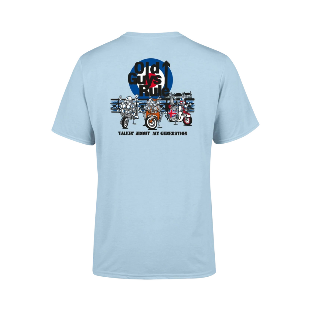 Light blue t-shirt with graphic design on the back against a white background