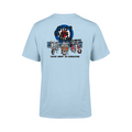 Light blue t-shirt with graphic design on the back against a white background