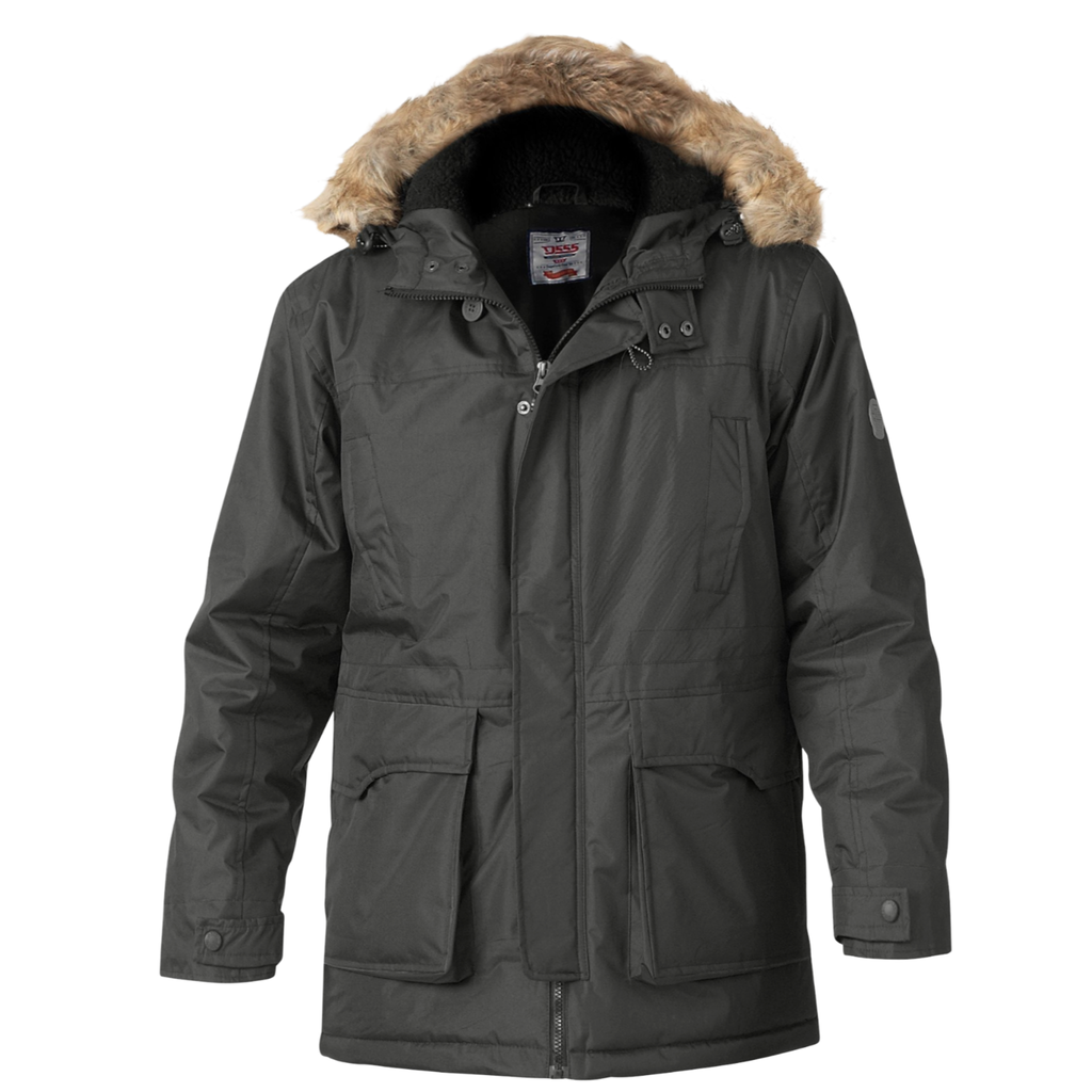 olive green parka jacket with fur-lined hood on a white background