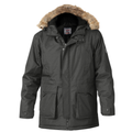 olive green parka jacket with fur-lined hood on a white background