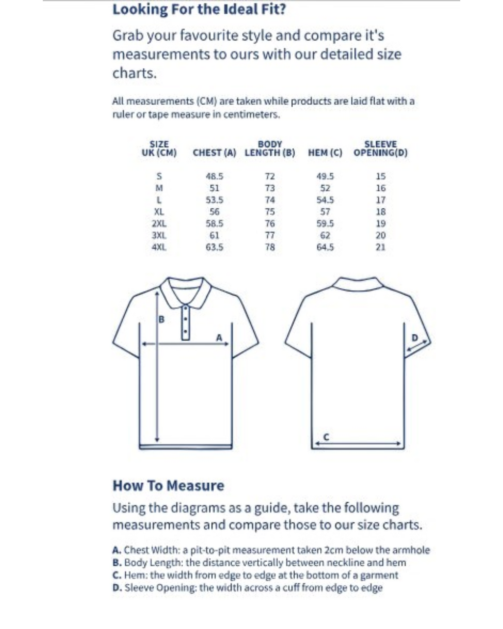 Size chart for shirts with measurements and diagrams on a white background