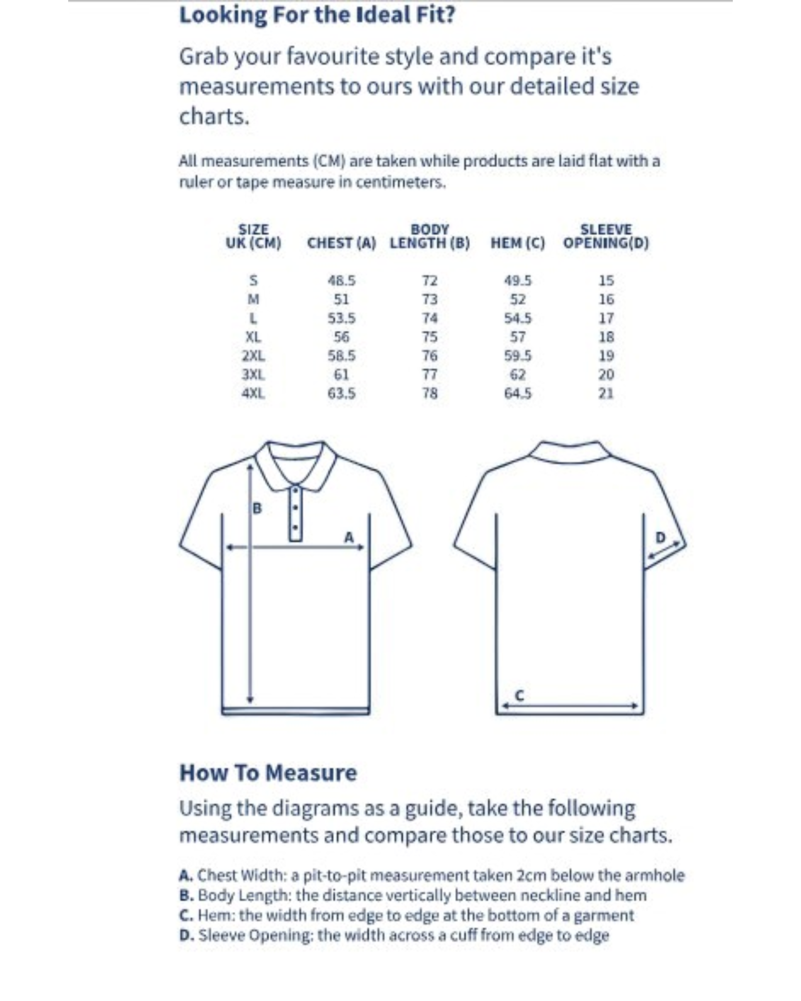 Size chart for shirts with measurements and diagrams on a white background